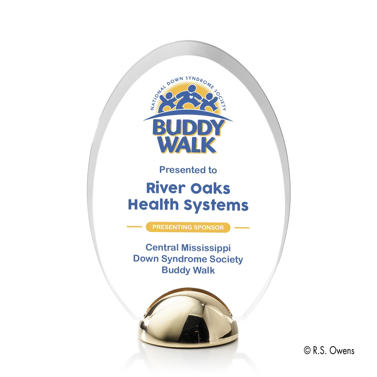 Custom Beveled Acrylic Oval Award on Cast Metal Hemisphere Base for donor appreciation