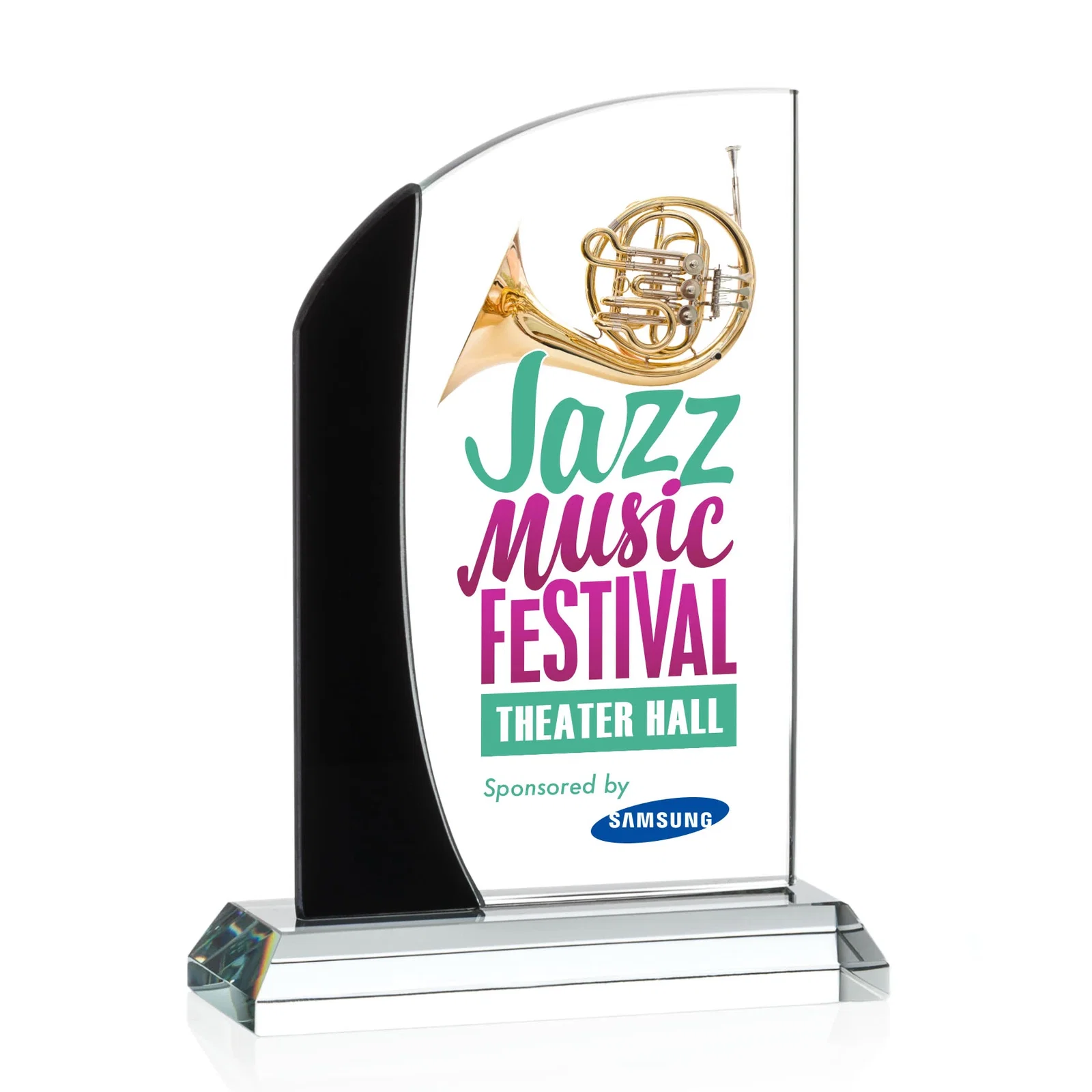 Custom Starfire Crystal Arch Award with Layered Blue Accent, awards for company anniversary events