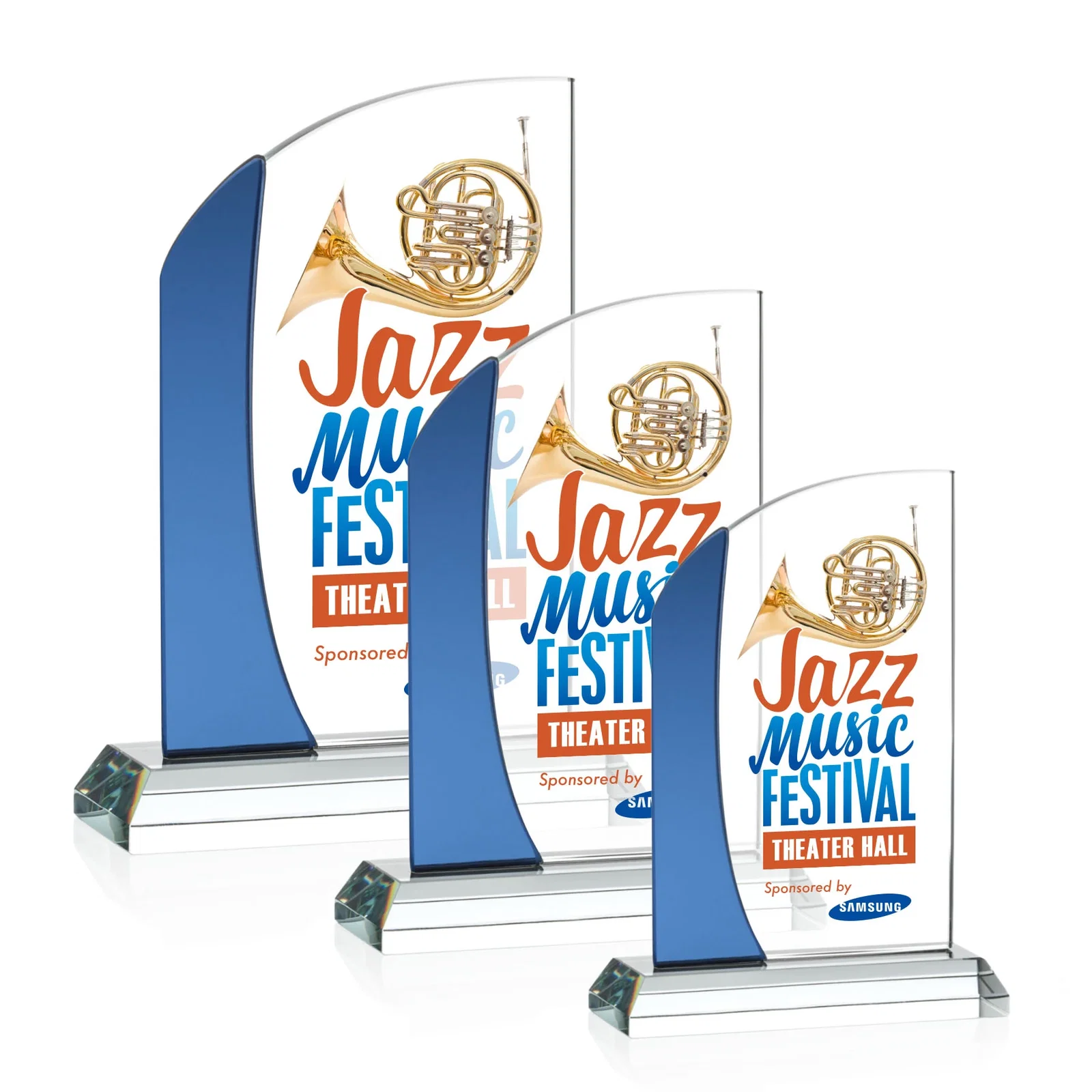 Personalized Starfire Crystal Arch Award with Layered Blue Accent, awards for employee recognition