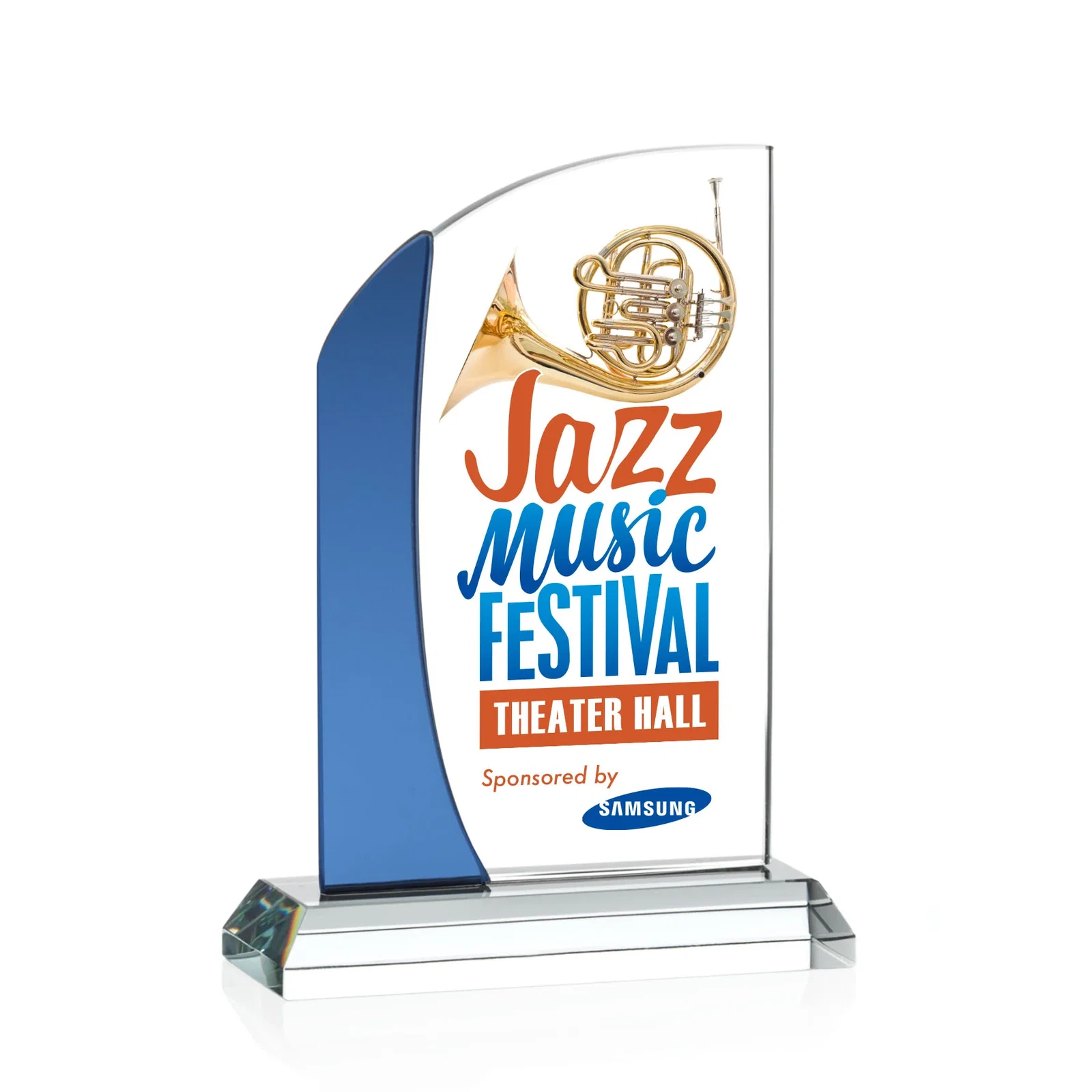 Personalized Starfire Crystal Arch Award with Layered Blue Accent, awards for corporate award ceremonies