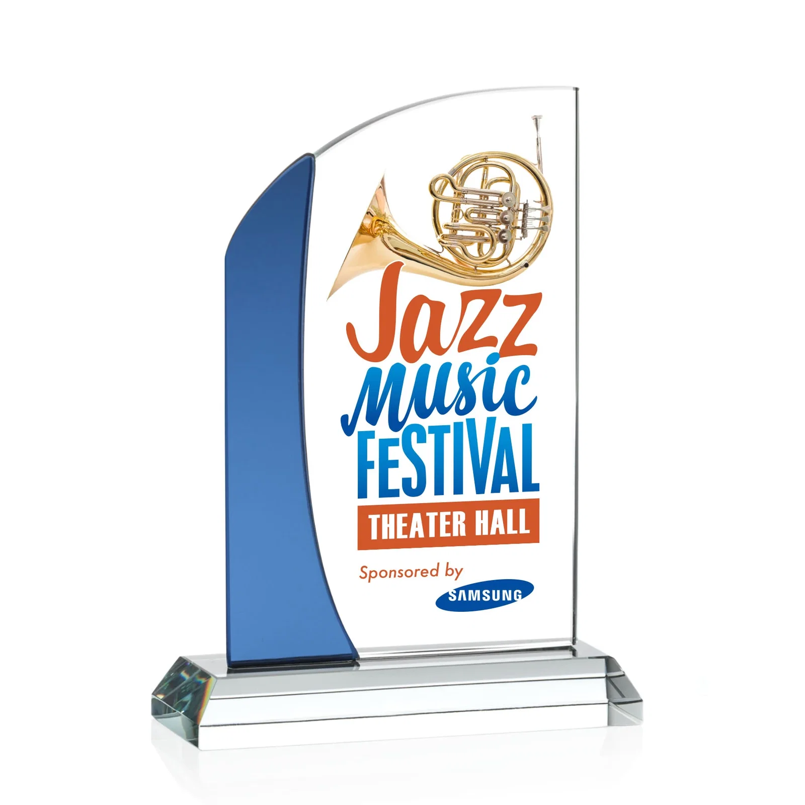 Personalized Starfire Crystal Arch Award with Layered Blue Accent, awards for service anniversary gifts