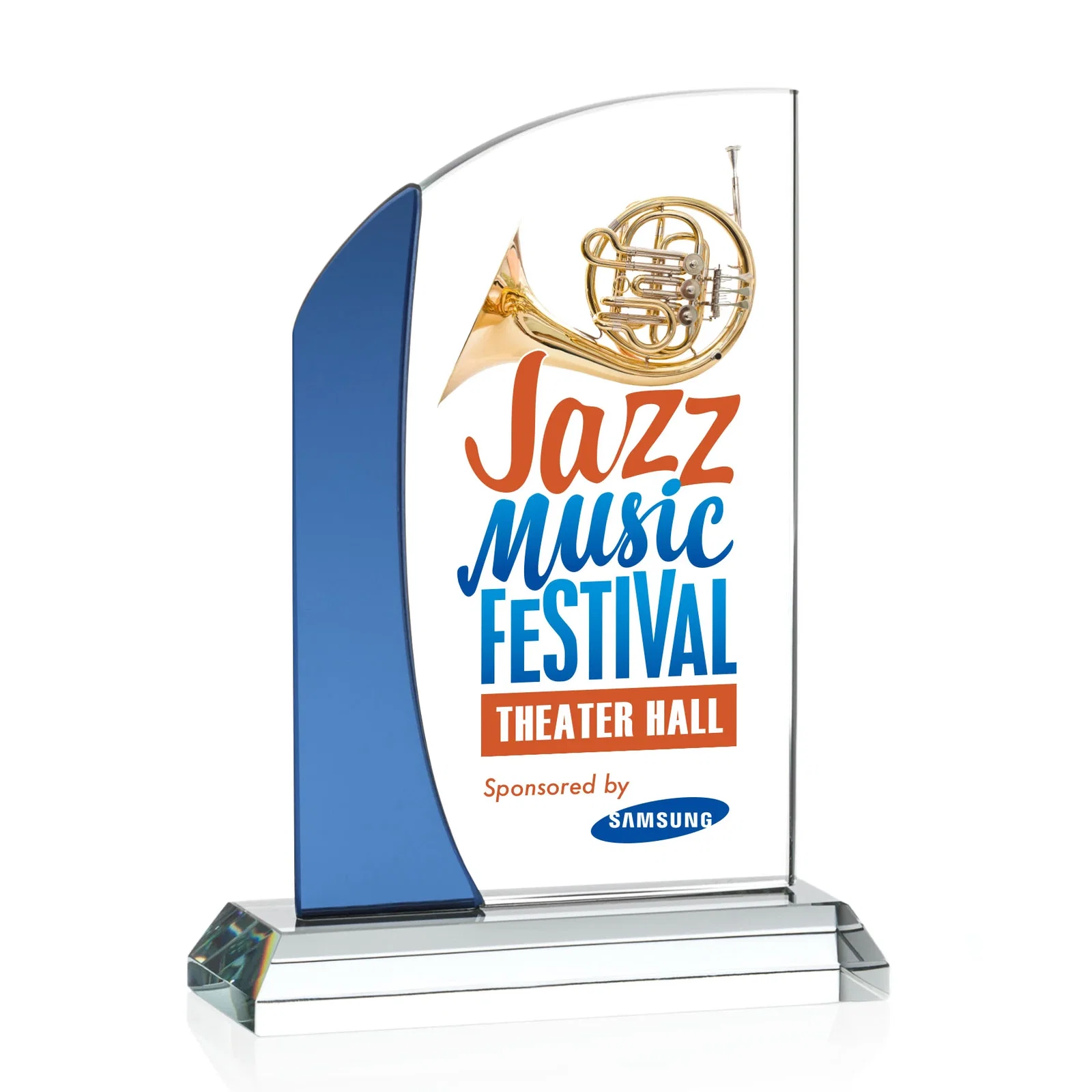 Personalized Starfire Crystal Arch Award with Layered Blue Accent, awards for sales achievement awards