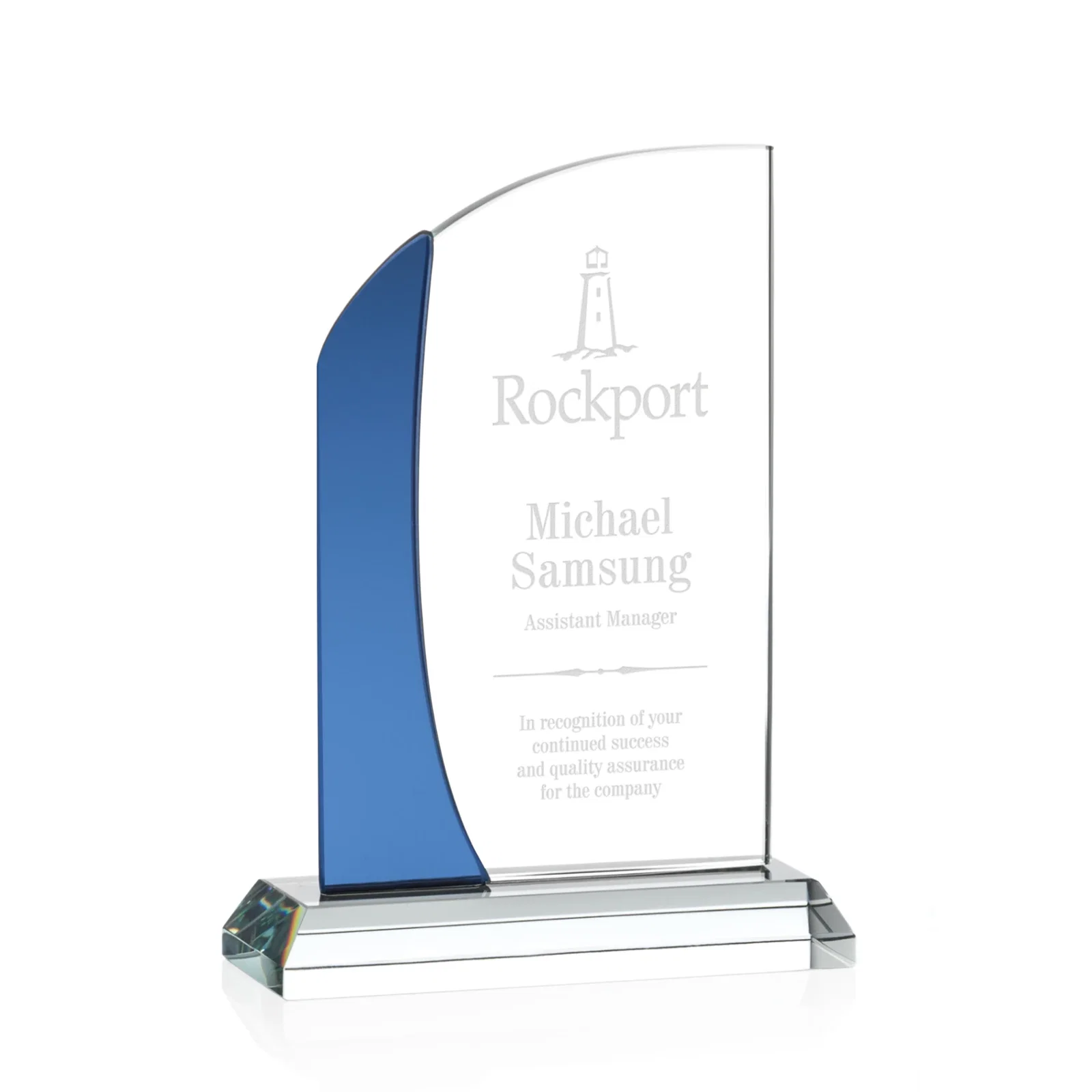 Custom Starfire Crystal Arch Award with Layered Blue Accent, awards for corporate award ceremonies
