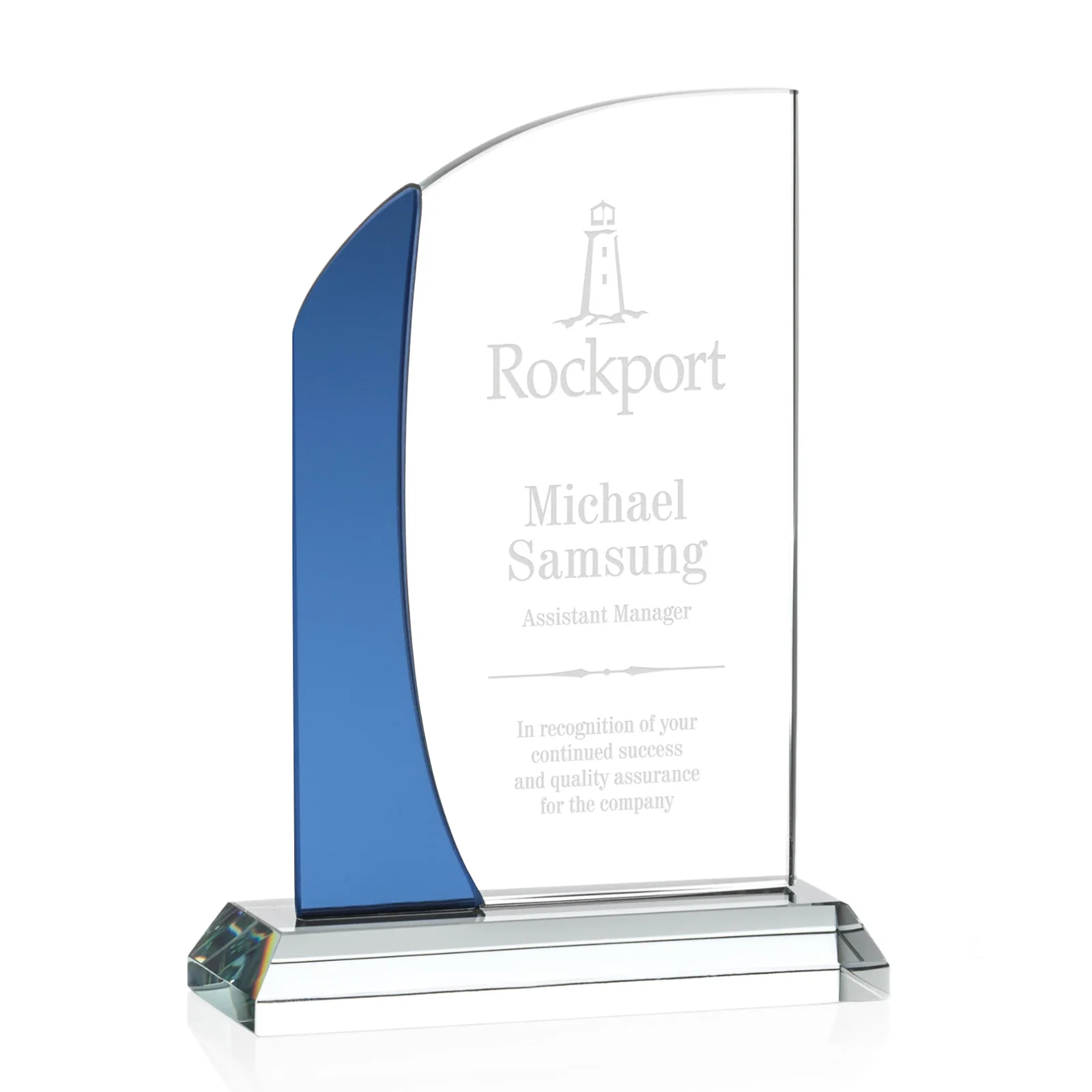 Custom Starfire Crystal Arch Award with Layered Blue Accent, awards for sales achievement awards