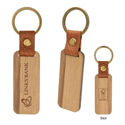 Wood key ring measuring one inch wide by two and a half inches tall