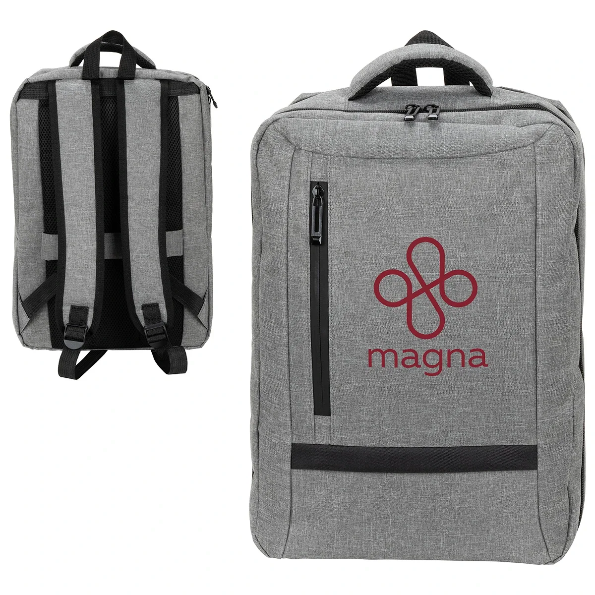Custom Jasper Travel Backpack, front view of the branded travel backpack