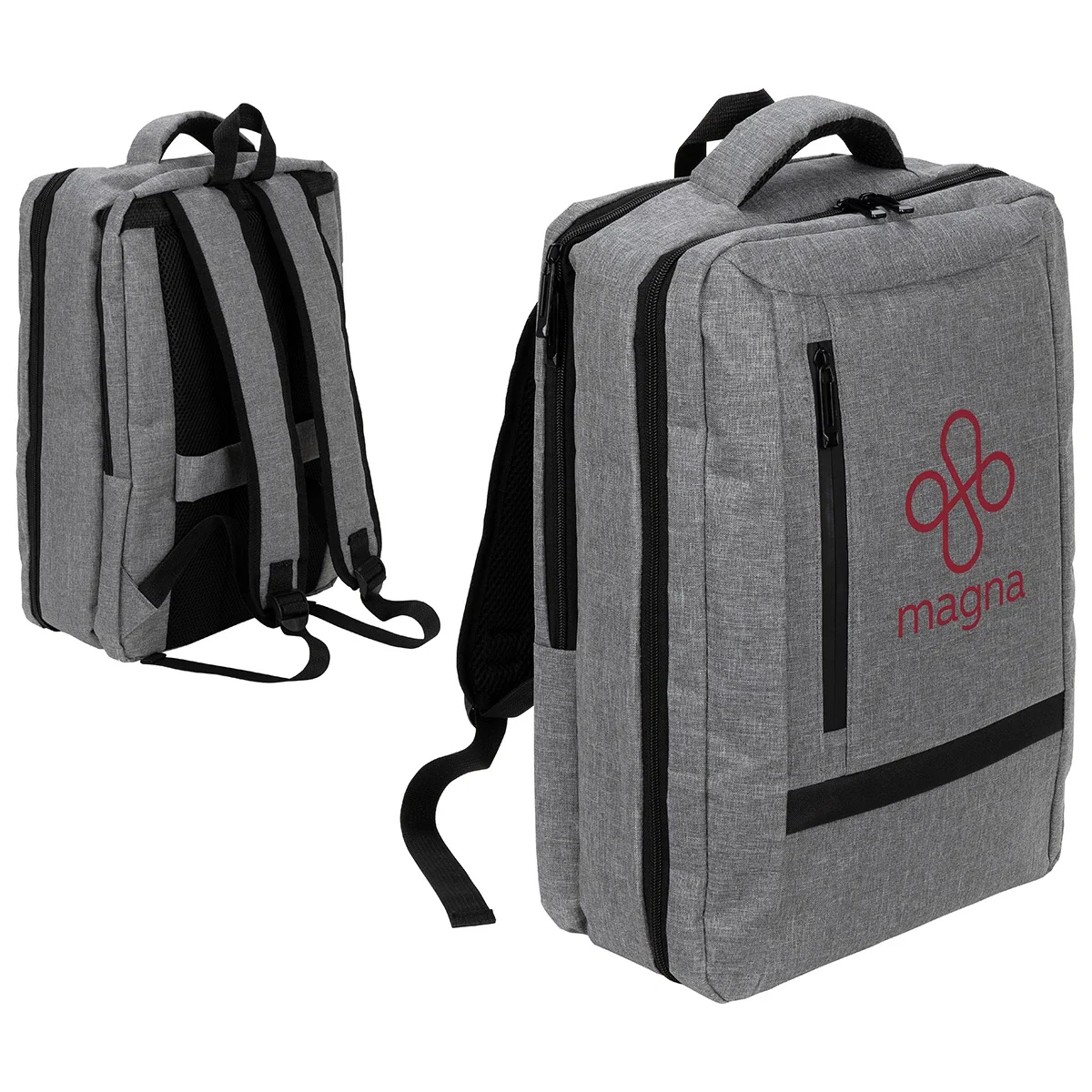 Side profile of the promotional Jasper Travel Backpack showing its profile depth