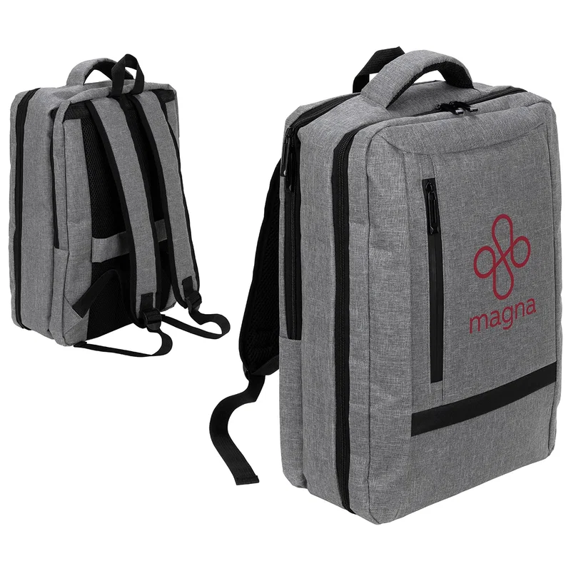 Side profile of the promotional Jasper Travel Backpack showing its profile depth