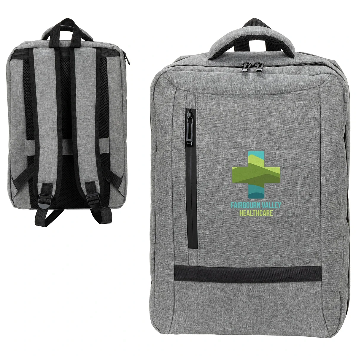 Back view of the custom Jasper Travel Backpack showing the padded shoulder straps