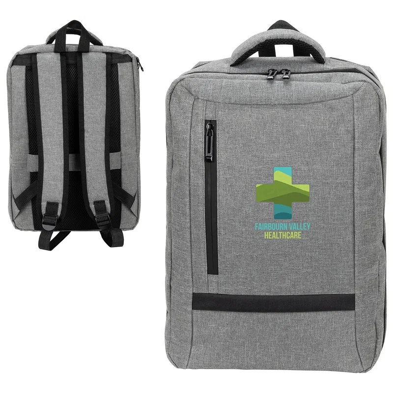 Back view of the custom Jasper Travel Backpack showing the padded shoulder straps