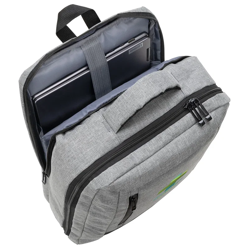 Open view of the promotional Jasper Travel Backpack showing the interior compartments