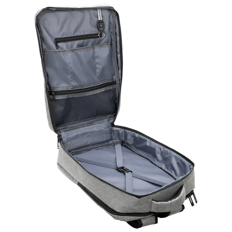 Angled view of the promotional Jasper Travel Backpack highlighting the front pocket