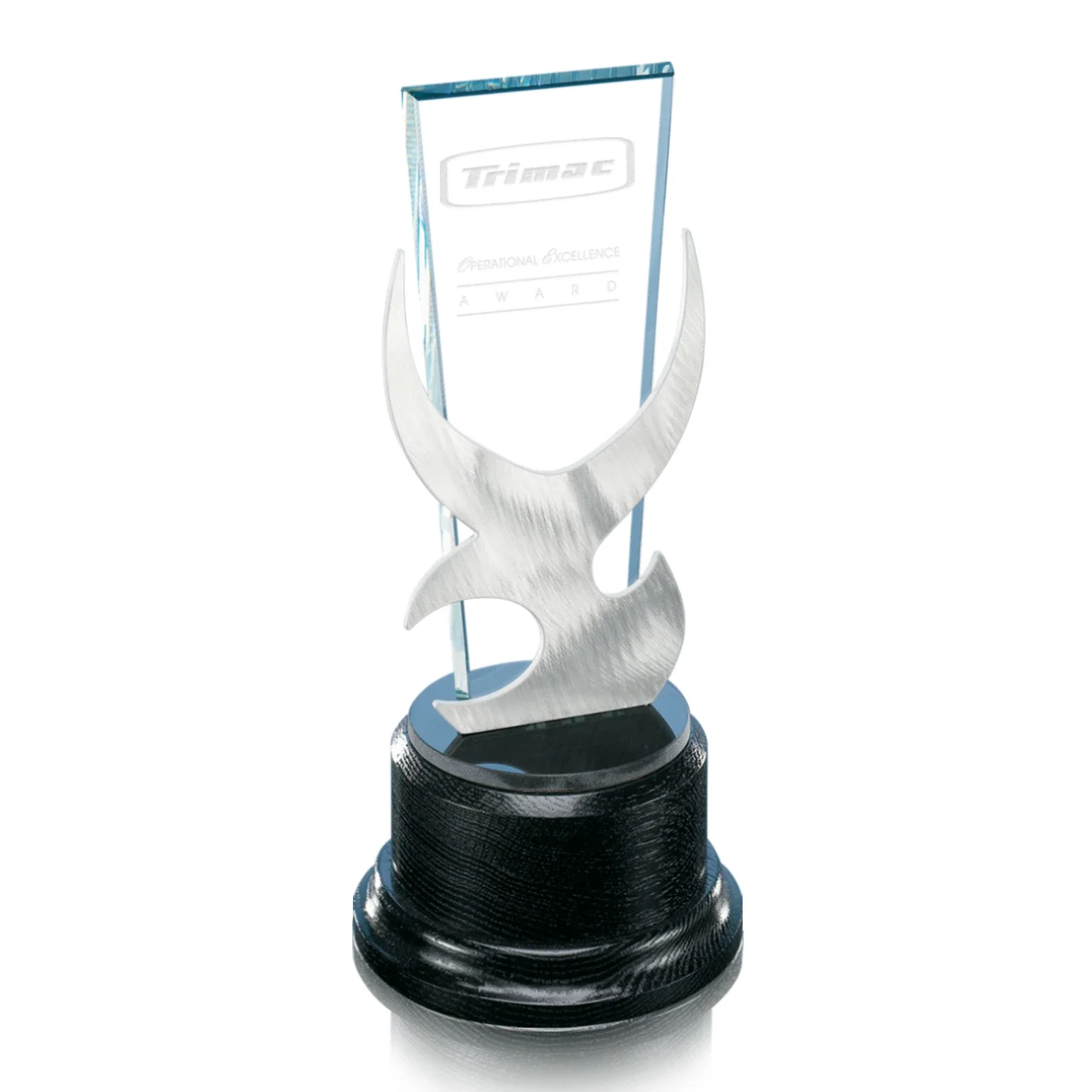 Custom Starfire Crystal and Brushed Aluminum Trophy on Oak Base, wood awards for corporate award ceremonies