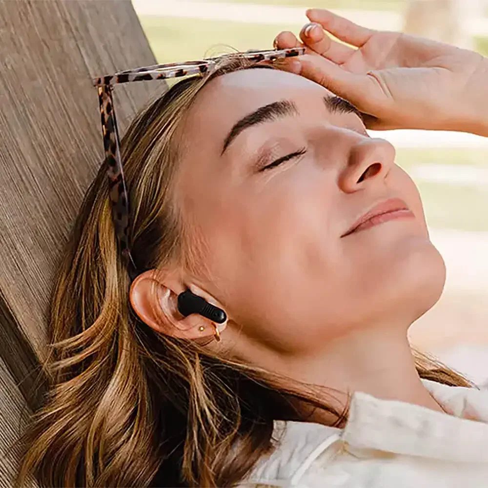 JBL True Wireless Headphones NC Flex - Black being worn