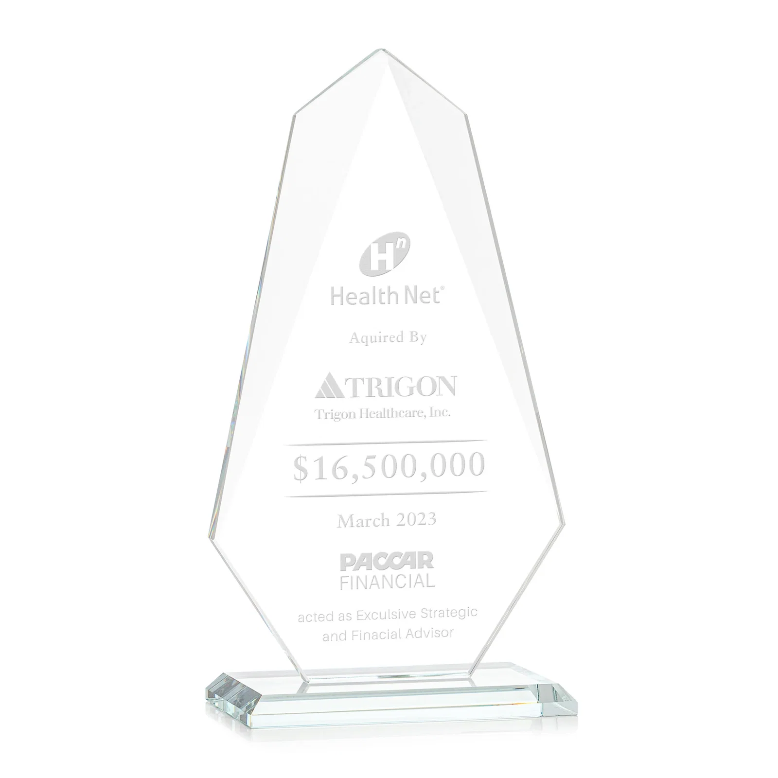 Custom Jade Glass Award, Bevel Widens at Top, Tapers to the Base for donor appreciation