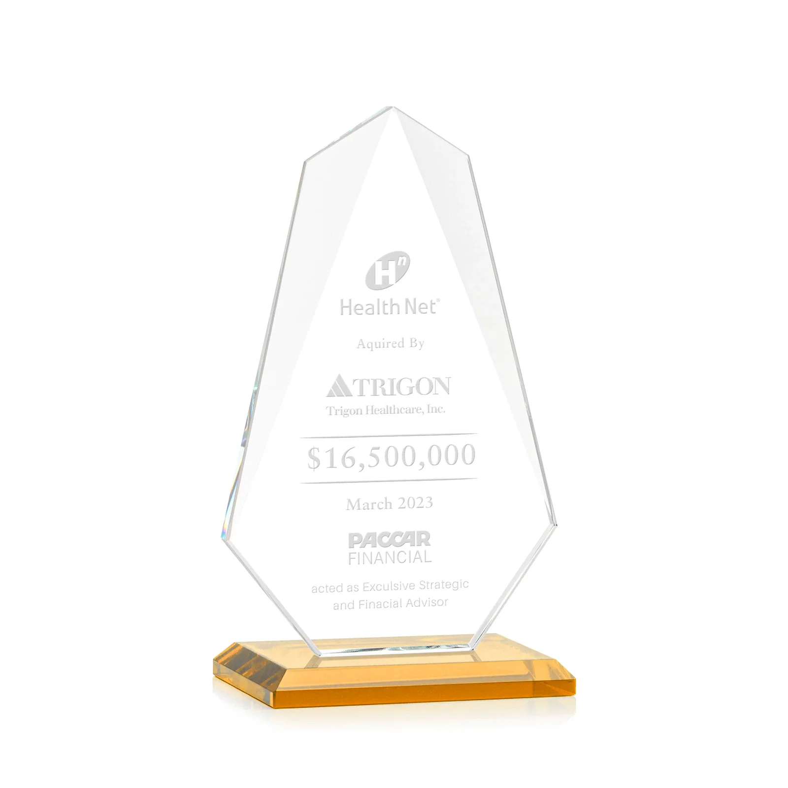 Custom Jade Glass Award, Bevel Widens at Top, Tapers to the Base for safety achievement programs