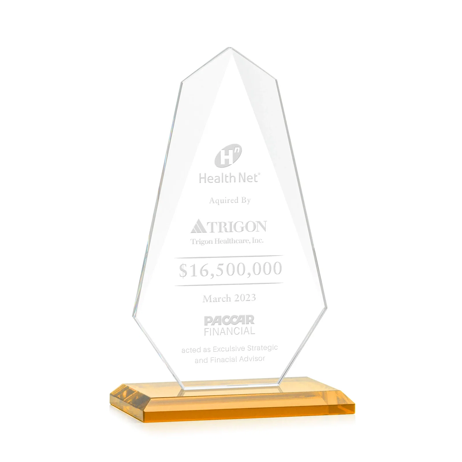 Custom Jade Glass Award, Bevel Widens at Top, Tapers to the Base for volunteer appreciation