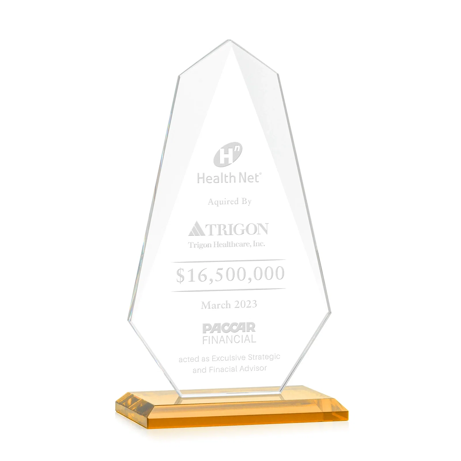 Custom Jade Glass Award, Bevel Widens at Top, Tapers to the Base for dealer and partner awards