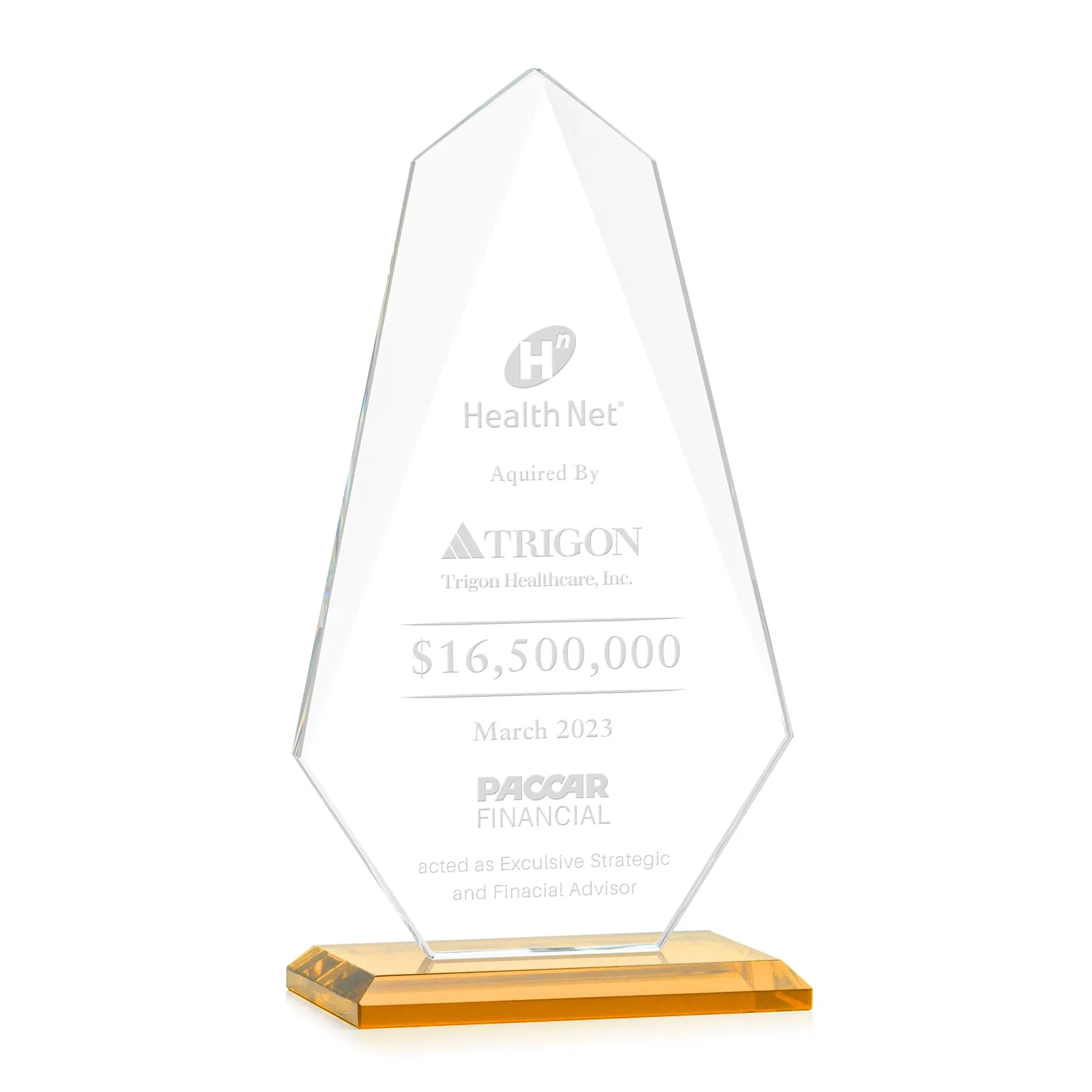 Custom Jade Glass Award, Bevel Widens at Top, Tapers to the Base for company anniversary events
