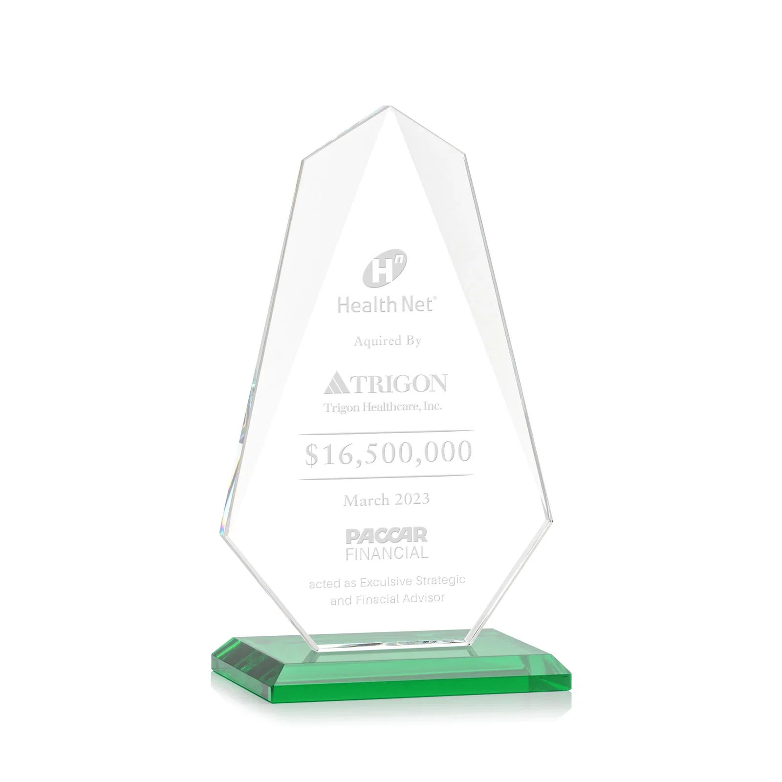 Personalized Jade Glass Award, Bevel Widens at Top, Tapers to the Base for corporate award ceremonies