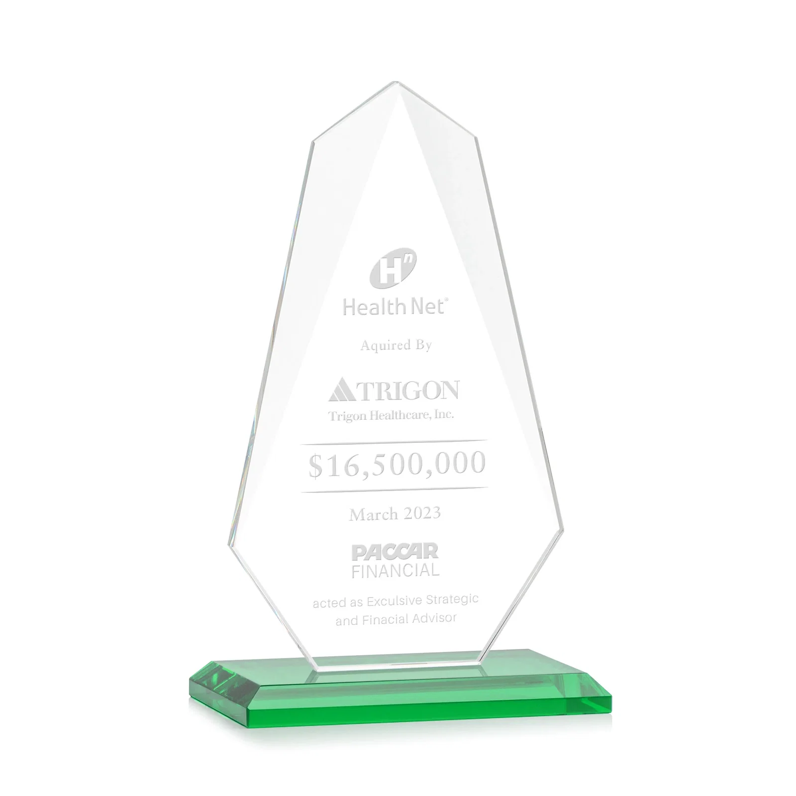 Personalized Jade Glass Award, Bevel Widens at Top, Tapers to the Base for service anniversary gifts