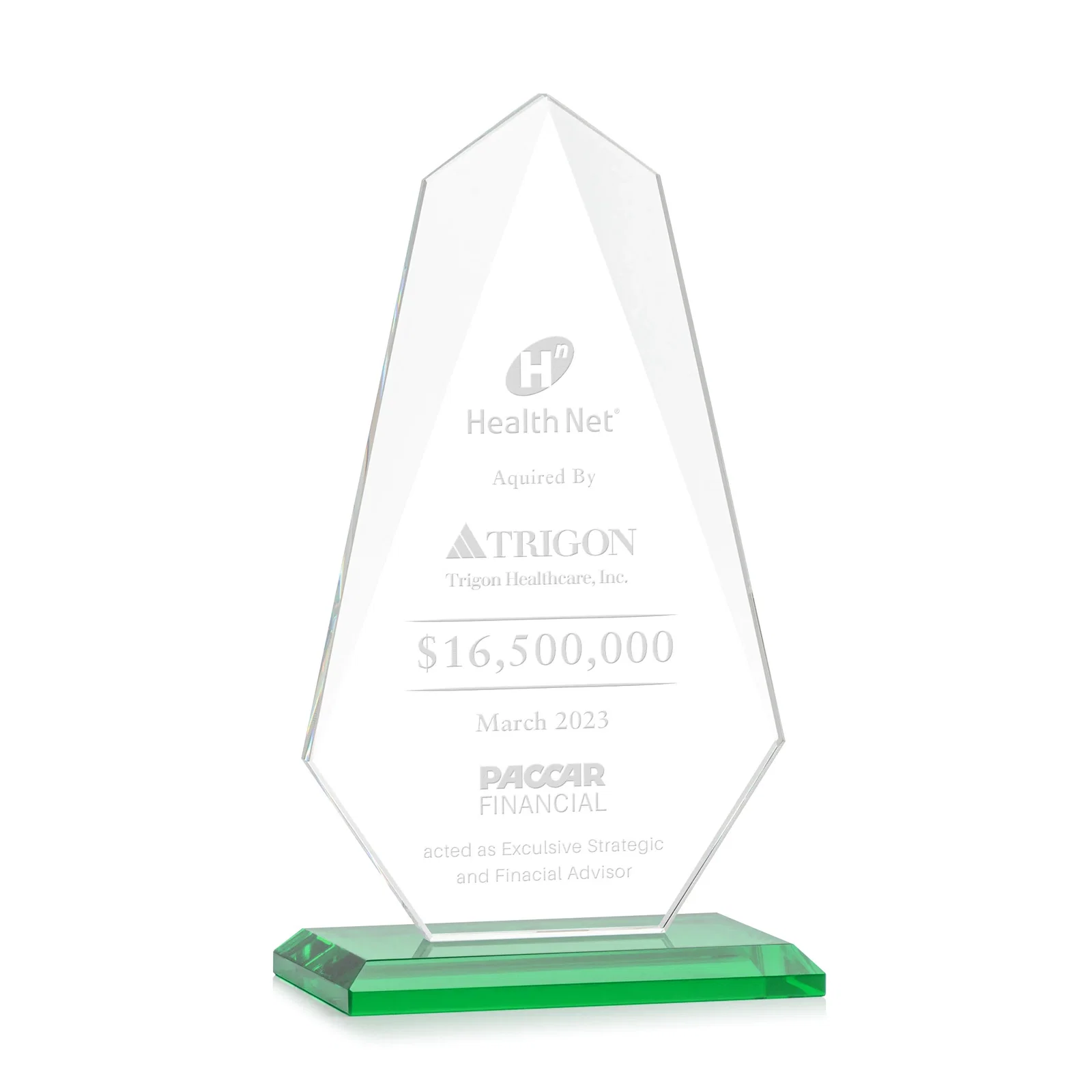 Personalized Jade Glass Award, Bevel Widens at Top, Tapers to the Base for sales achievement awards