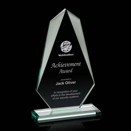 Custom Jade Glass Award, Bevel Widens at Top, Tapers to the Base for corporate award ceremonies