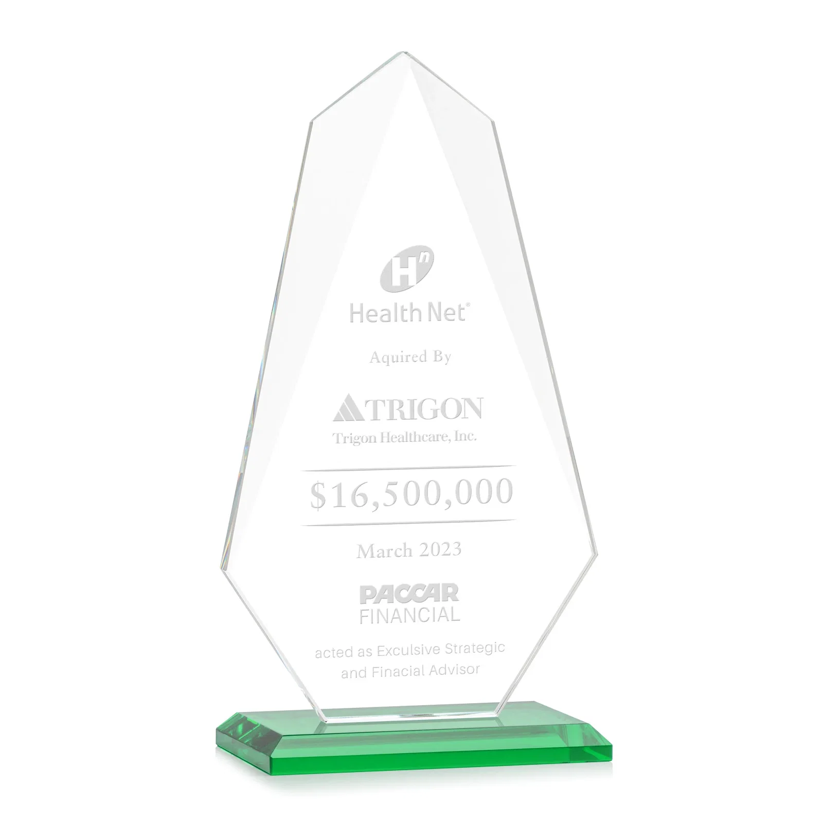 Personalized Jade Glass Award, Bevel Widens at Top, Tapers to the Base for retirement presentations