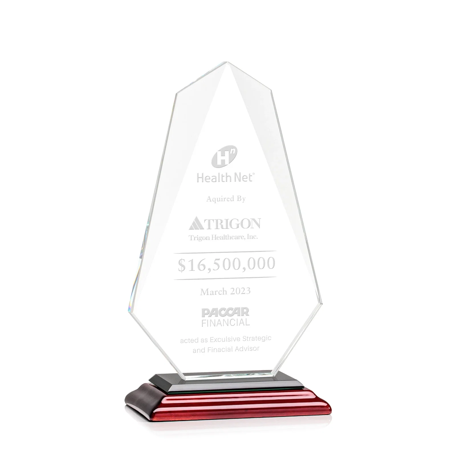 Promotional Jade Glass Award, Bevel Widens at Top, Tapers to the Base for retirement presentations