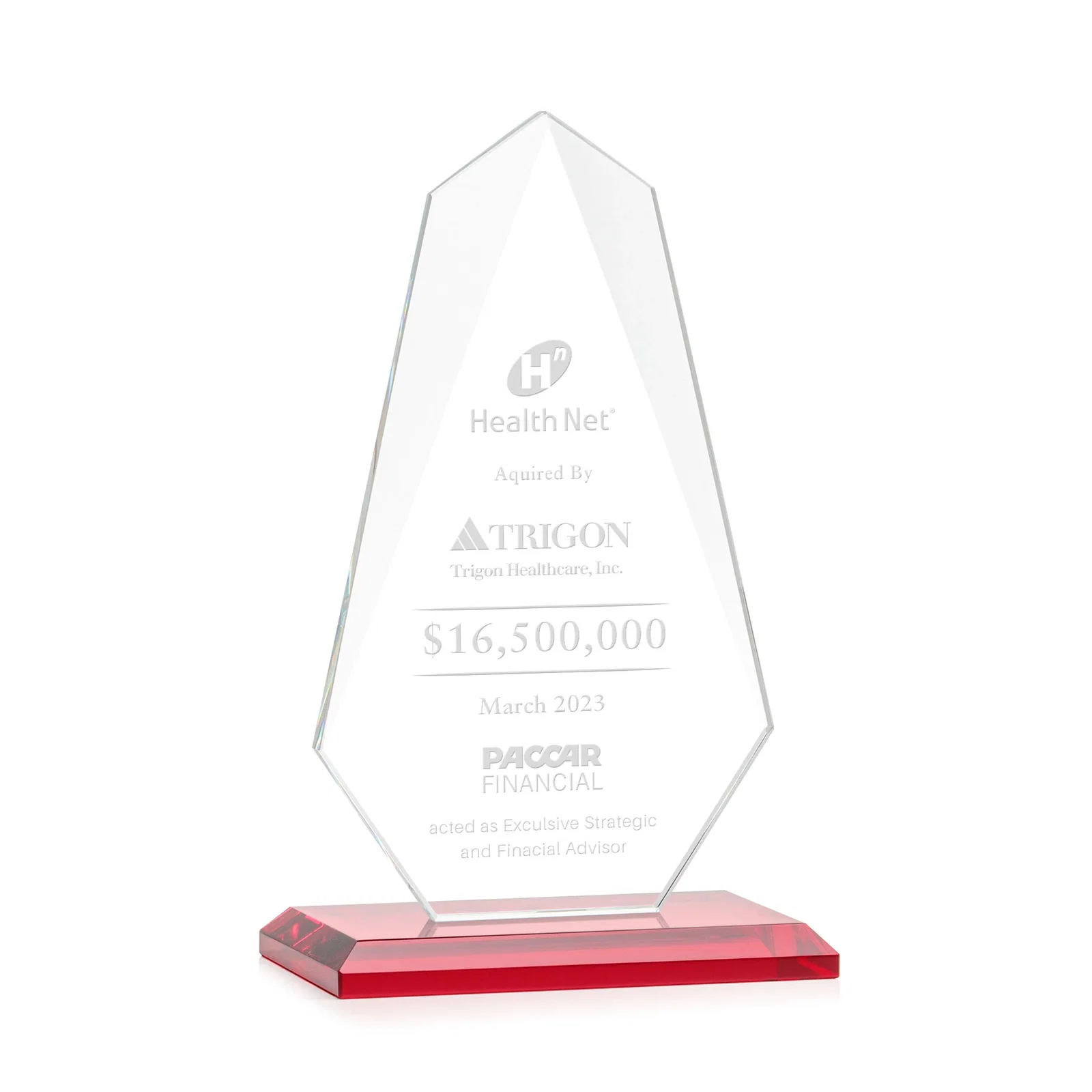 Promotional Jade Glass Award, Bevel Widens at Top, Tapers to the Base for dealer and partner awards