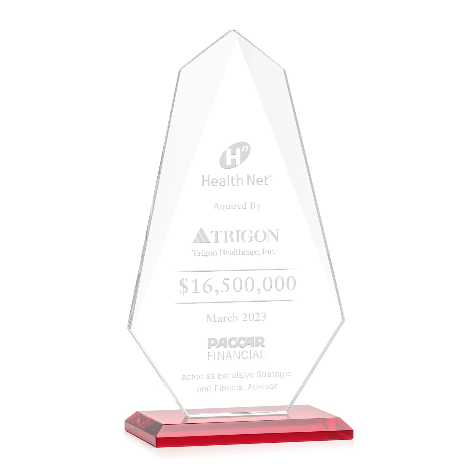 Branded Jade Glass Award, Bevel Widens at Top, Tapers to the Base for employee recognition