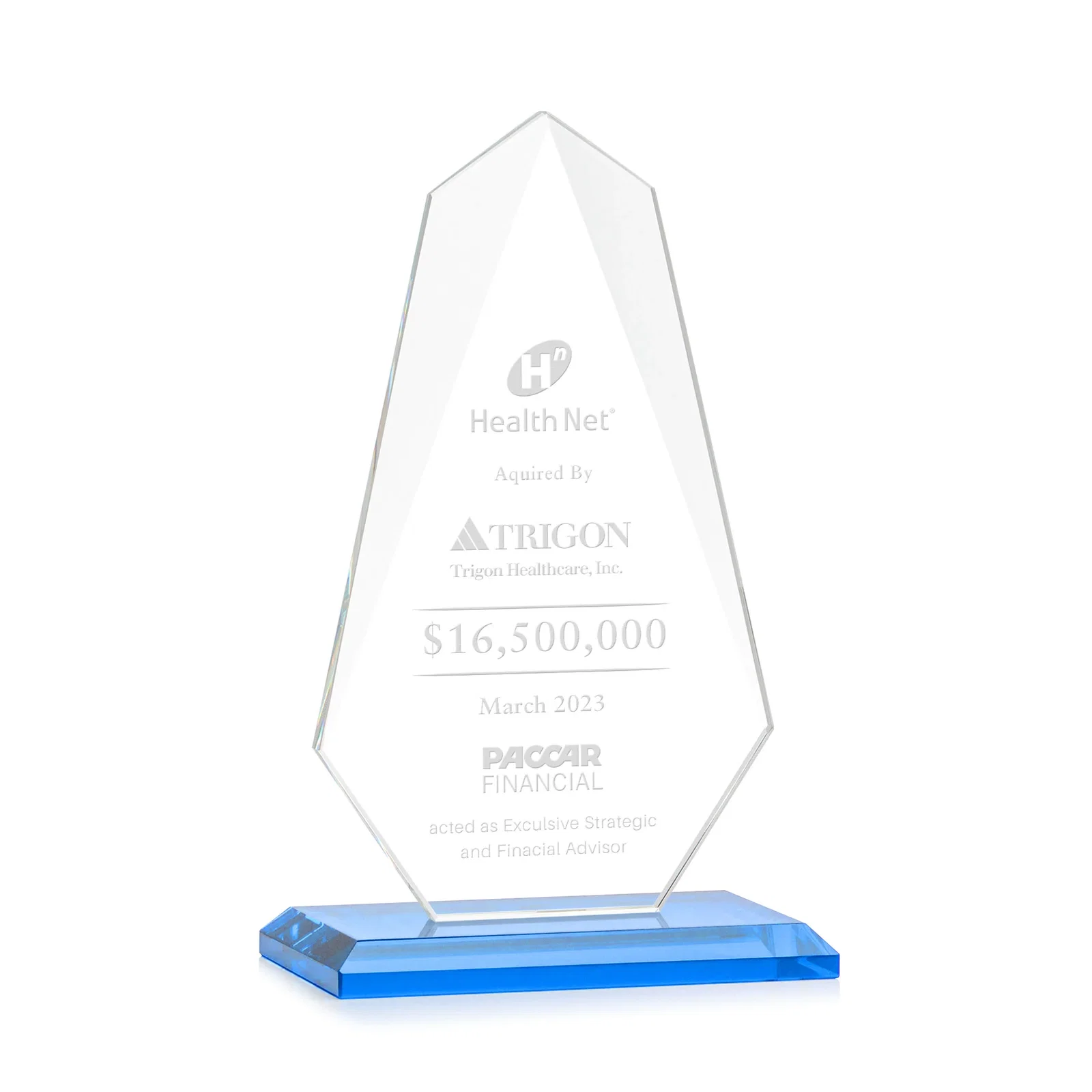 Branded Jade Glass Award, Bevel Widens at Top, Tapers to the Base for sales achievement awards