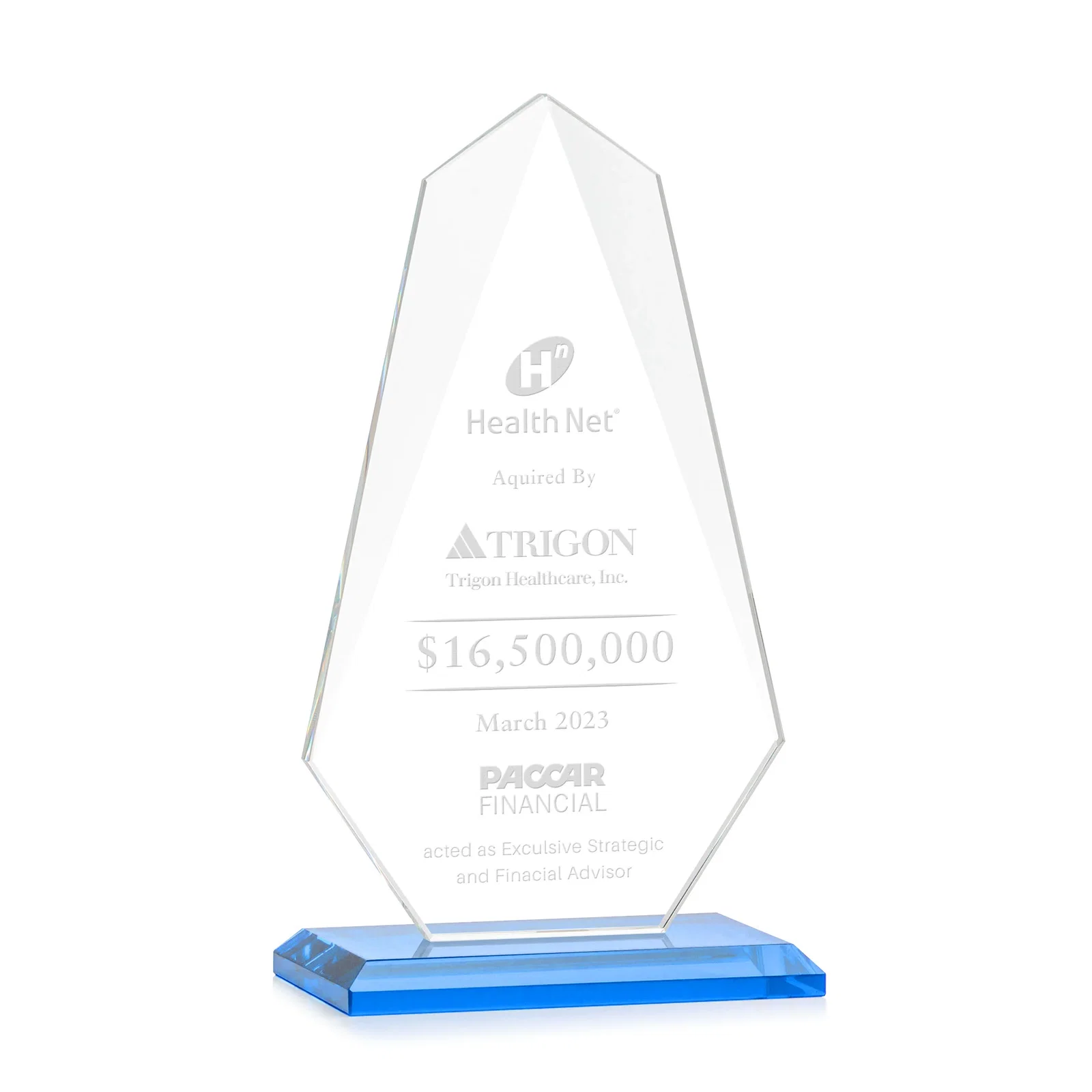 Branded Jade Glass Award, Bevel Widens at Top, Tapers to the Base for retirement presentations