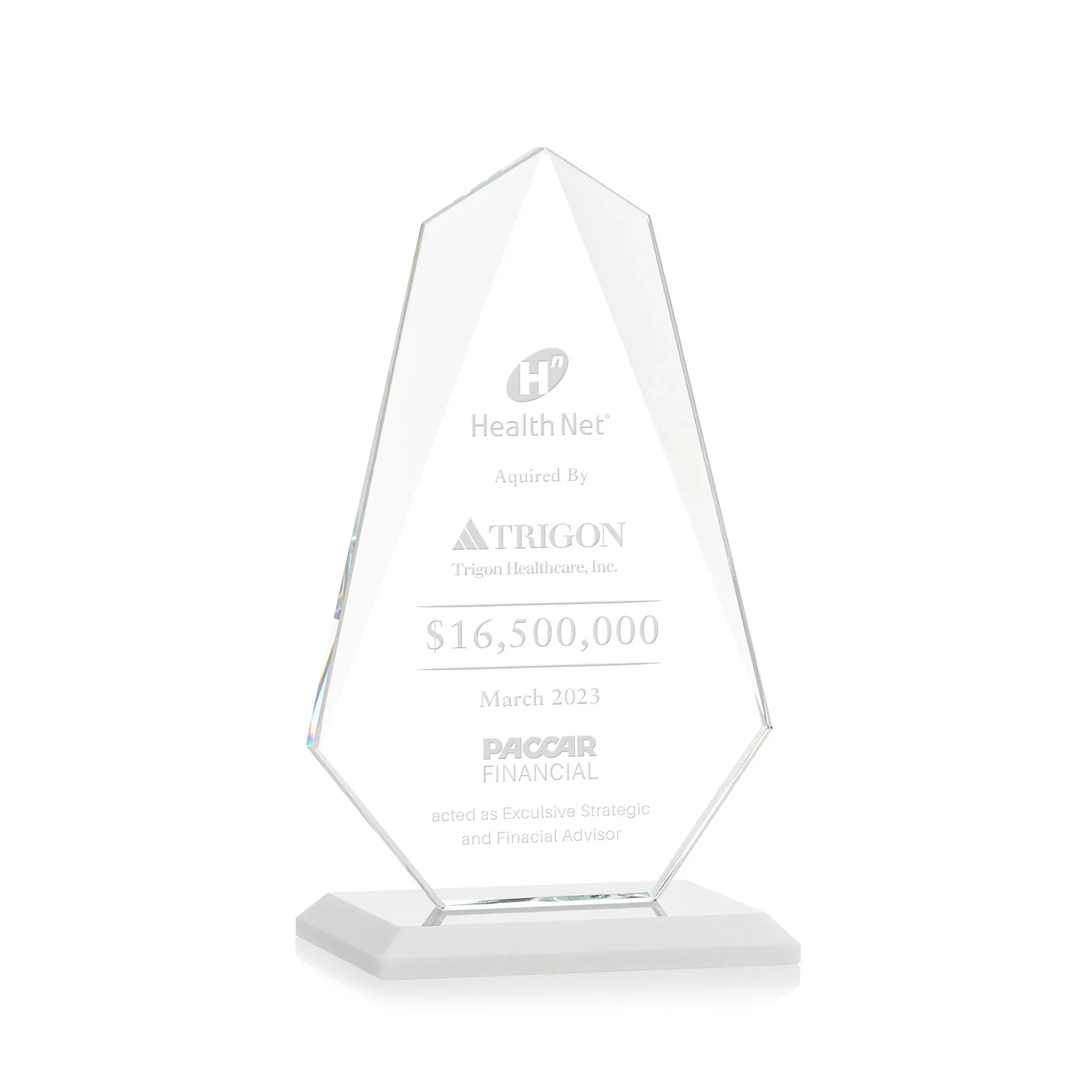 Branded Jade Glass Award, Bevel Widens at Top, Tapers to the Base for graduation ceremonies