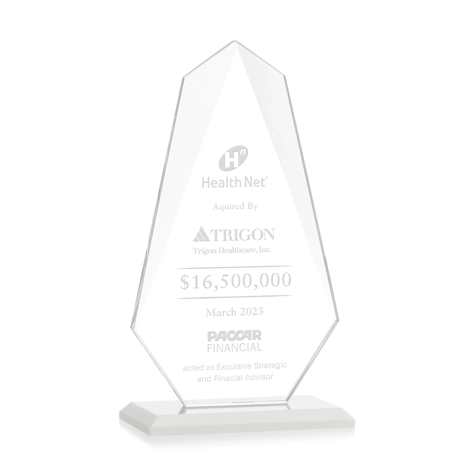Branded Jade Glass Award, Bevel Widens at Top, Tapers to the Base for volunteer appreciation