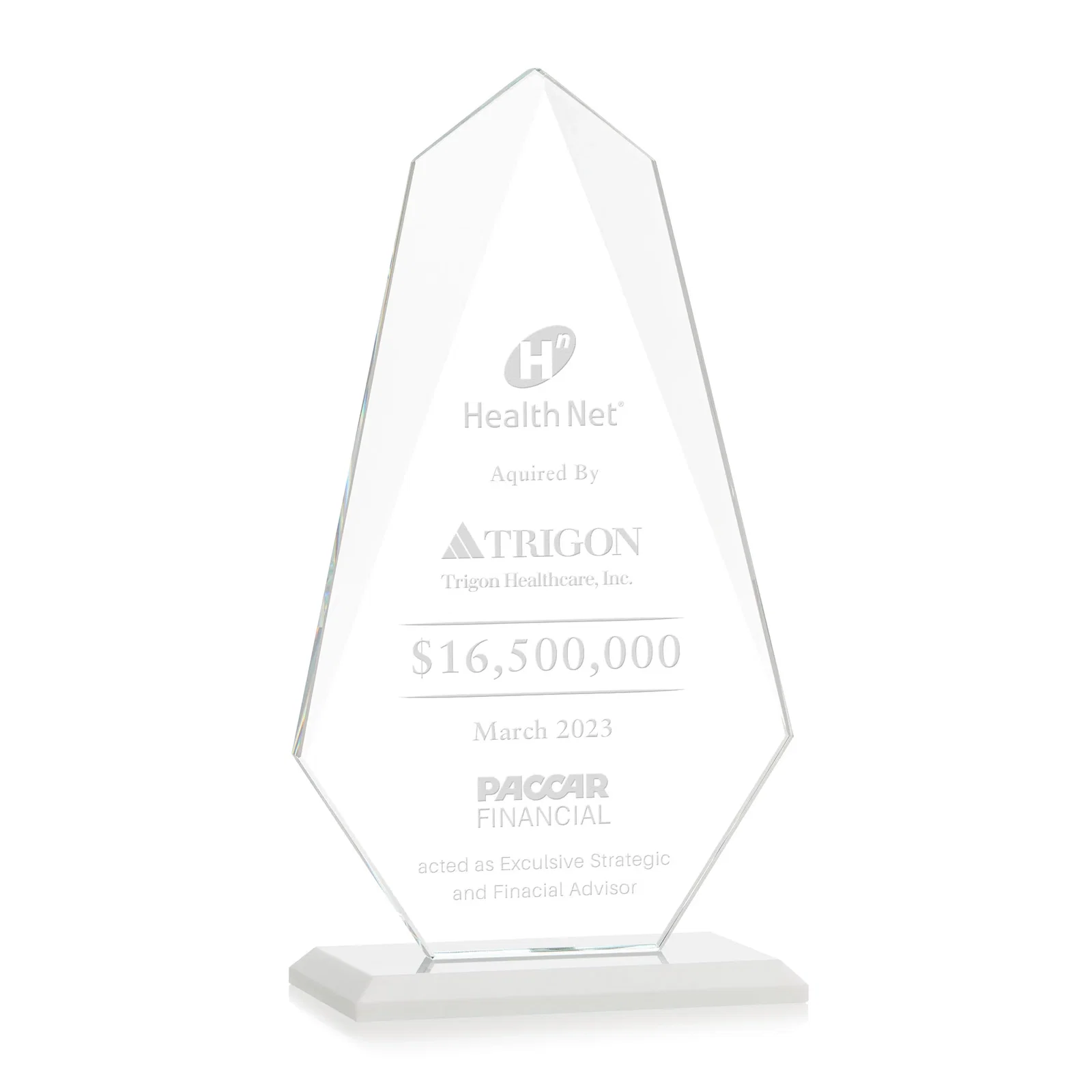 Branded Jade Glass Award, Bevel Widens at Top, Tapers to the Base for dealer and partner awards