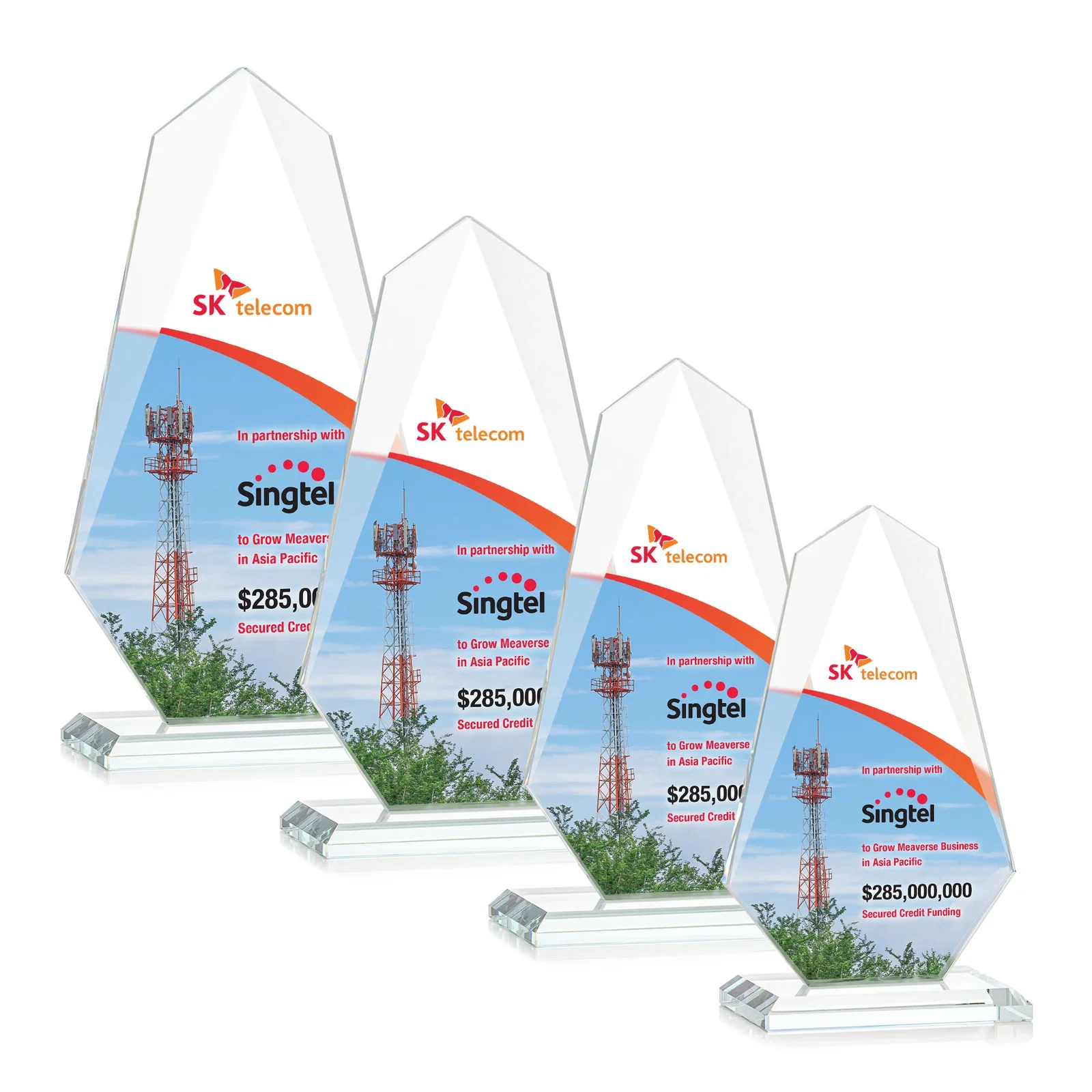 Branded Jade Glass Award, Bevel Widens at Top, Tapers to the Base for company anniversary events