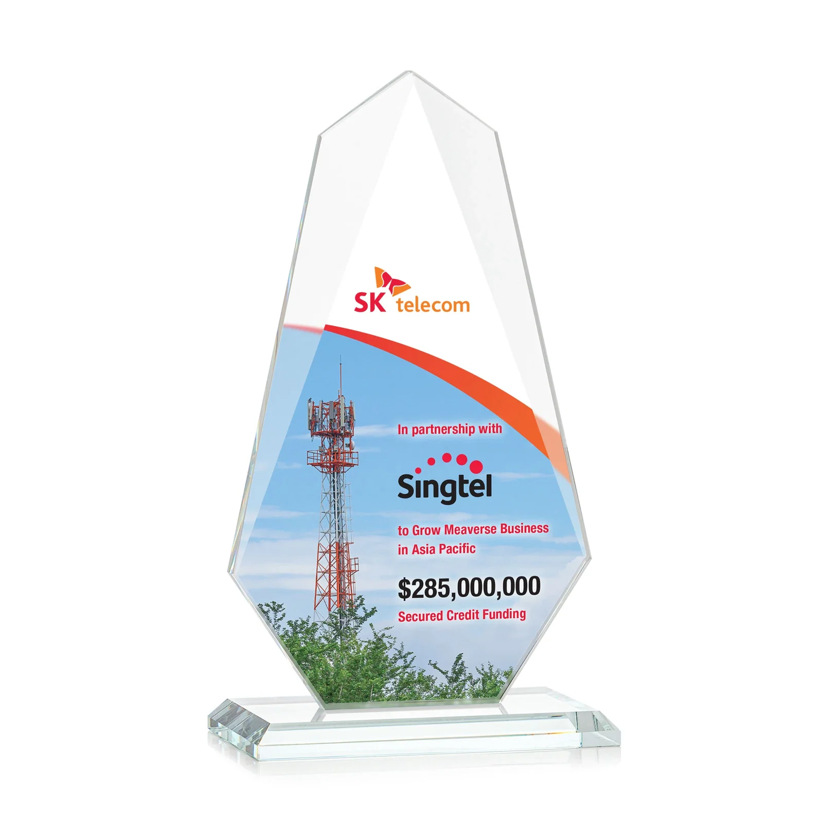 Custom printed Jade Glass Award, Bevel Widens at Top, Tapers to the Base for service anniversary gifts