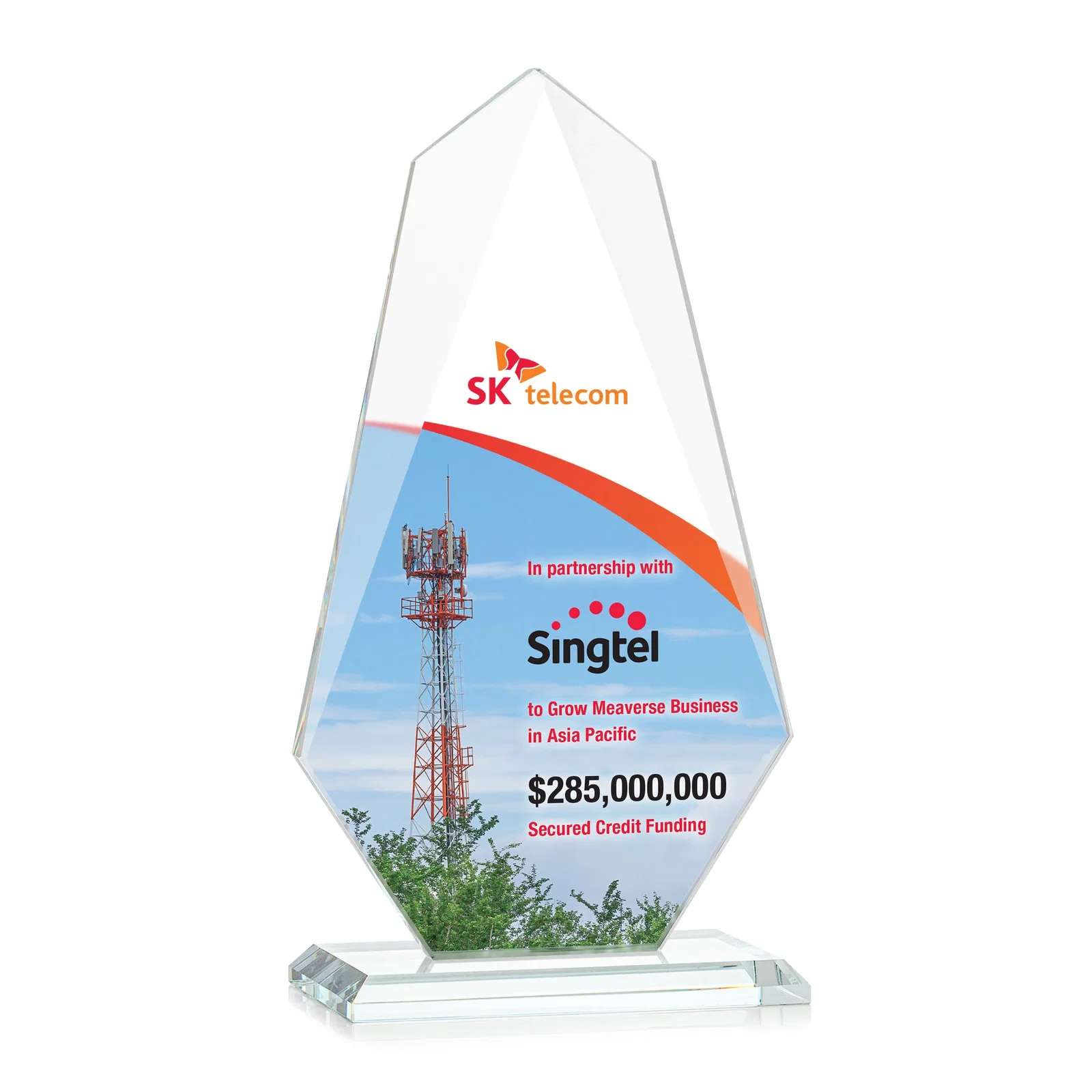 Custom printed Jade Glass Award, Bevel Widens at Top, Tapers to the Base for sales achievement awards