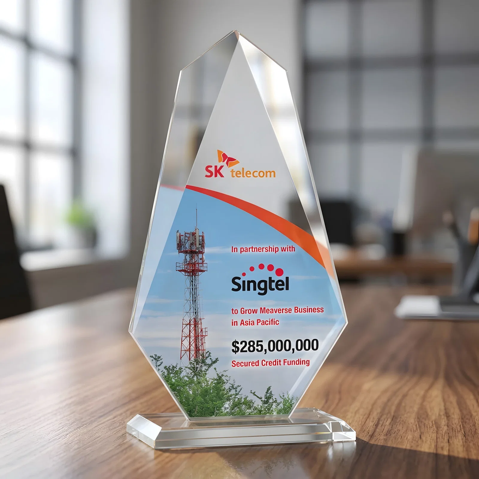 Custom printed Jade Glass Award, Bevel Widens at Top, Tapers to the Base for retirement presentations