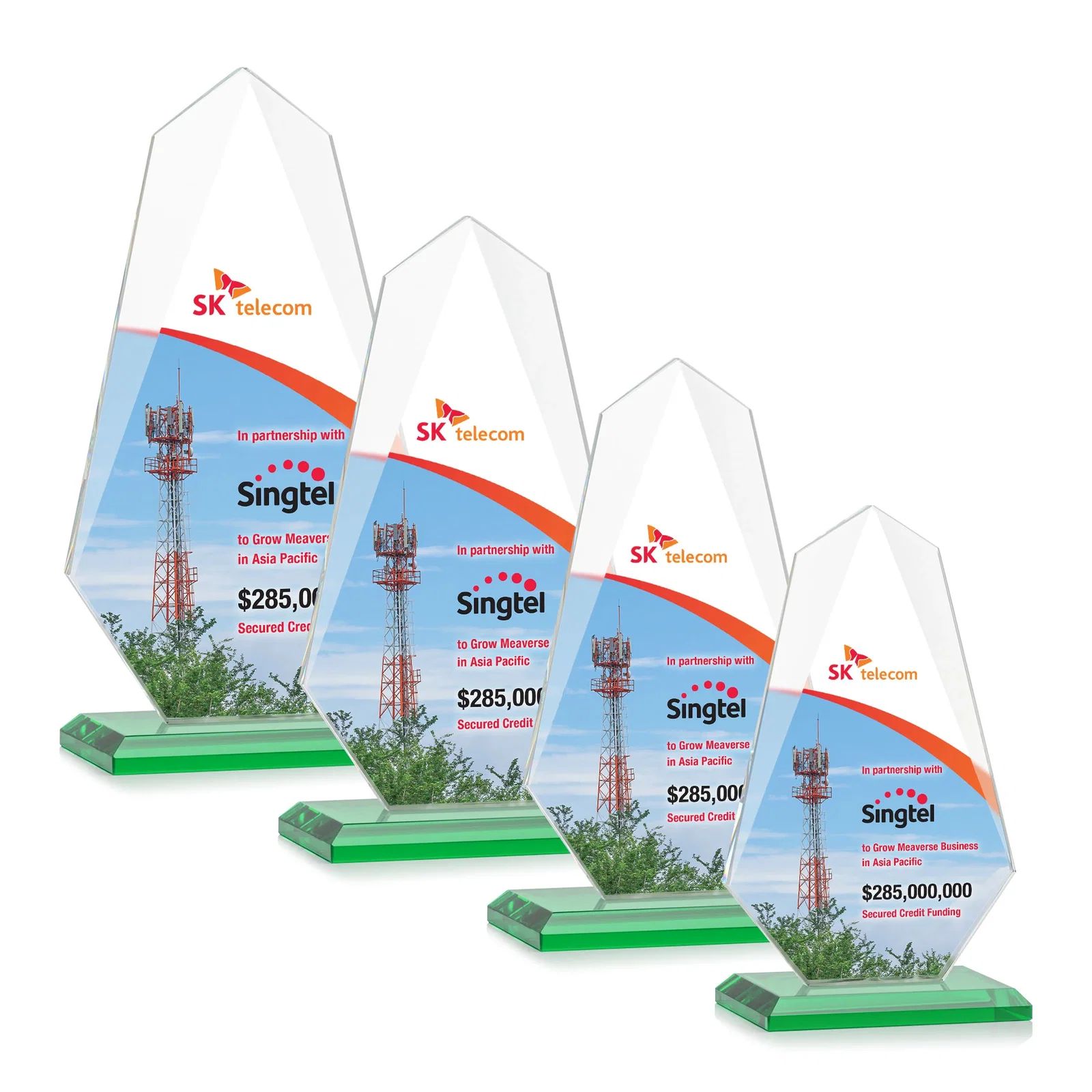 Custom printed Jade Glass Award, Bevel Widens at Top, Tapers to the Base for dealer and partner awards