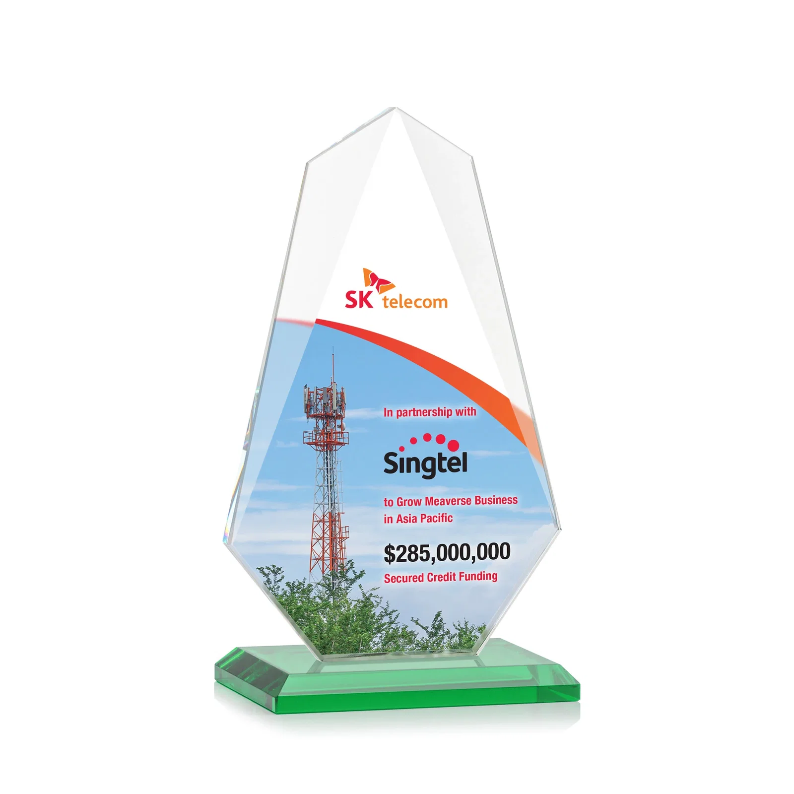 Custom printed Jade Glass Award, Bevel Widens at Top, Tapers to the Base for company anniversary events