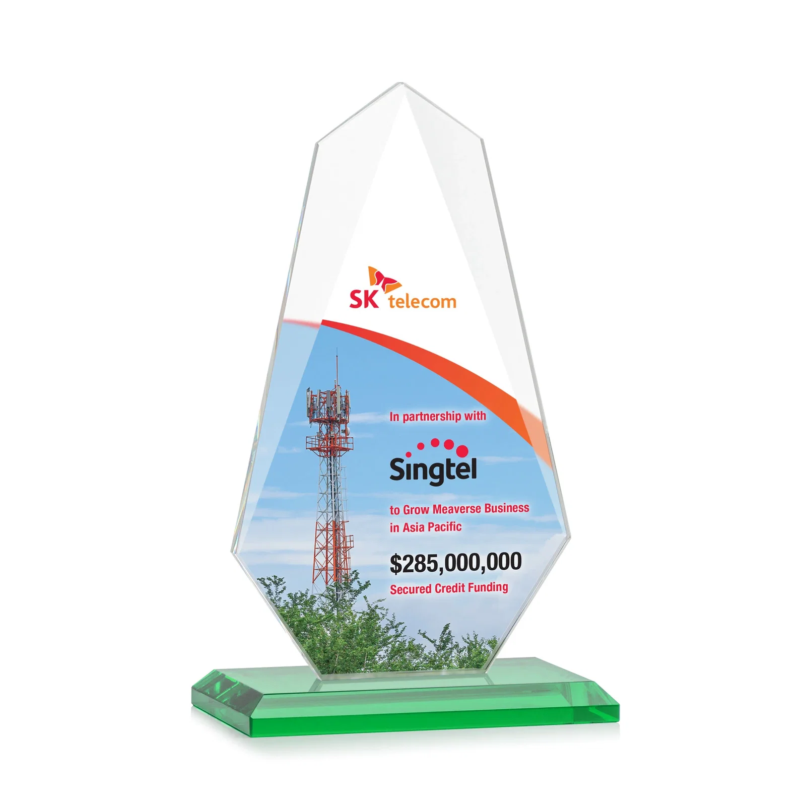 Customized Jade Glass Award, Bevel Widens at Top, Tapers to the Base for employee recognition