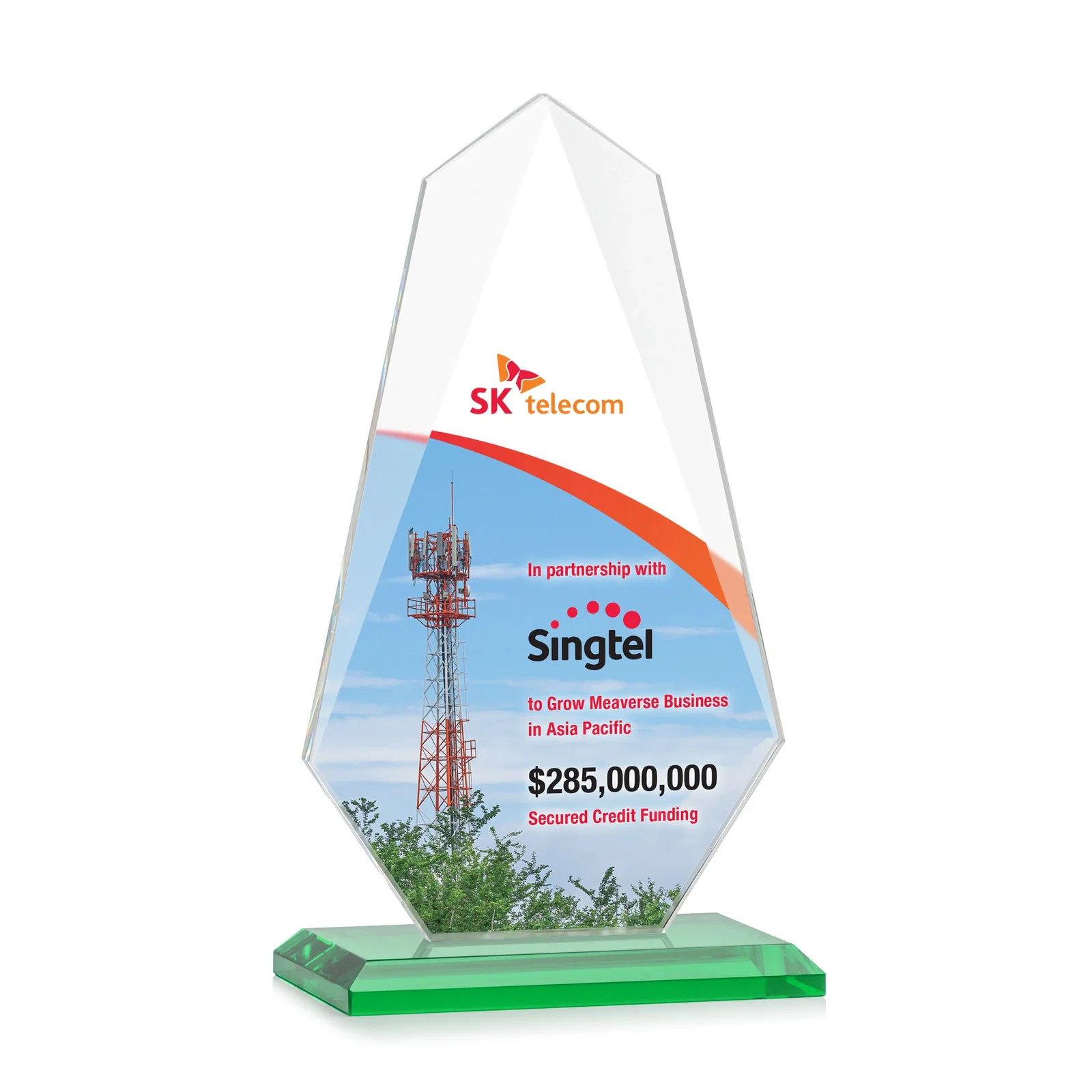 Customized Jade Glass Award, Bevel Widens at Top, Tapers to the Base for corporate award ceremonies