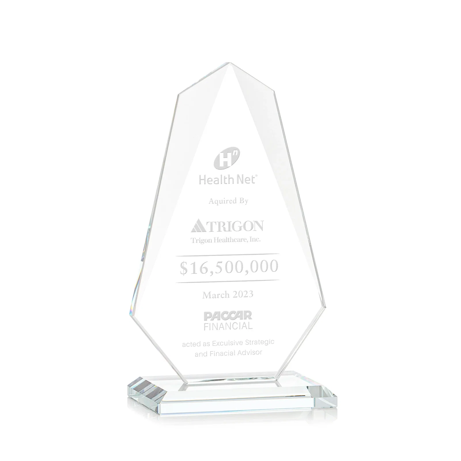 Custom Jade Glass Award, Bevel Widens at Top, Tapers to the Base for sales achievement awards