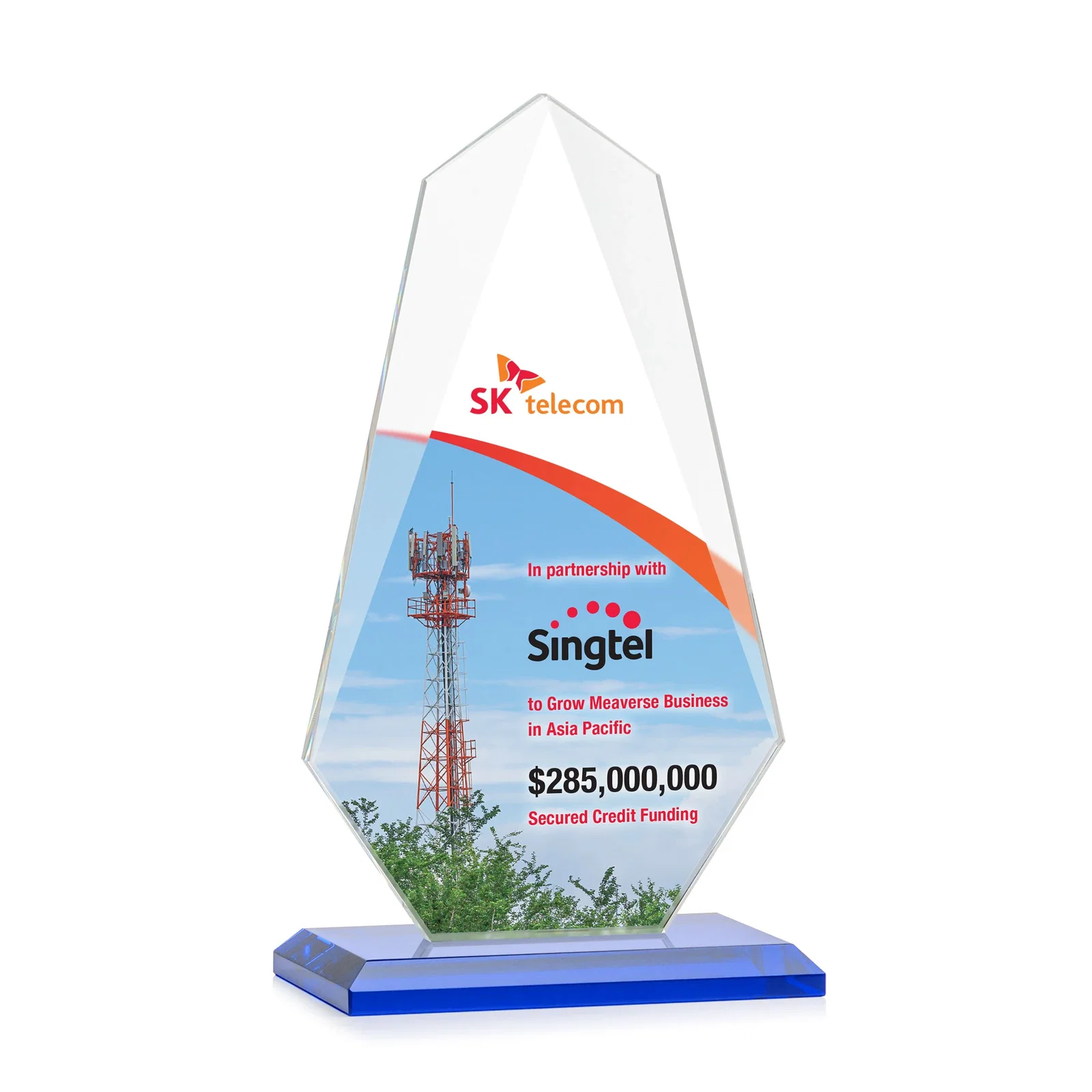 Customized Jade Glass Award, Bevel Widens at Top, Tapers to the Base for company anniversary events