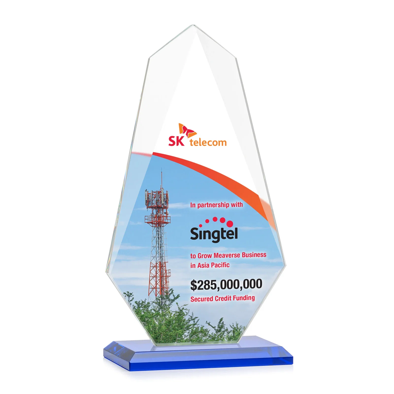 Custom engraved Jade Glass Award, Bevel Widens at Top, Tapers to the Base for employee recognition