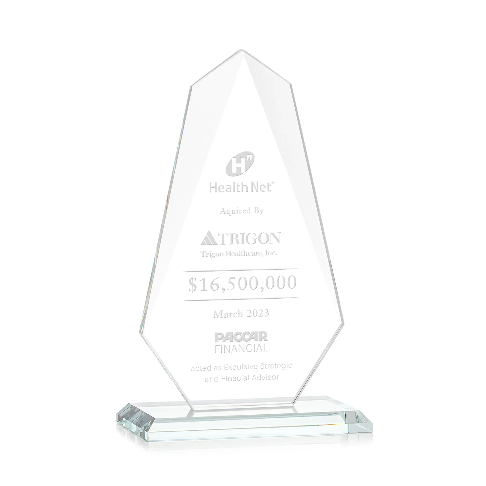 Custom Jade Glass Award, Bevel Widens at Top, Tapers to the Base for retirement presentations