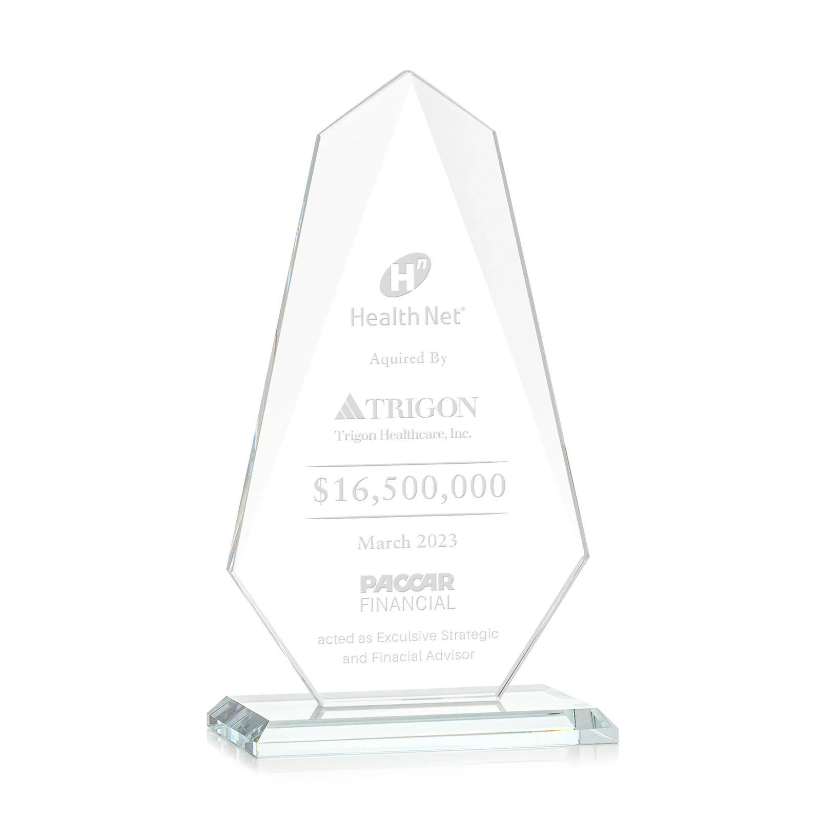 Custom Jade Glass Award, Bevel Widens at Top, Tapers to the Base for team milestone celebrations