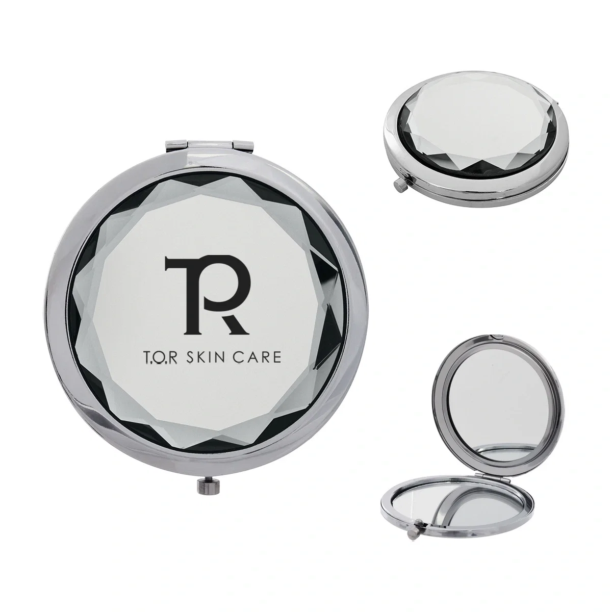 Round jeweled compact mirror measuring three inches across